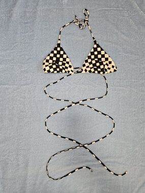 Checkerboard Black & White Triangle Tie Bikini Top